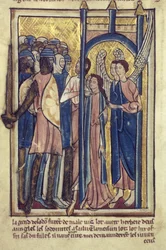 Lot bietet seine Töchter den Einwohnern von Sodom an, aus einem Buch der Bibelbilder, ca. 1250